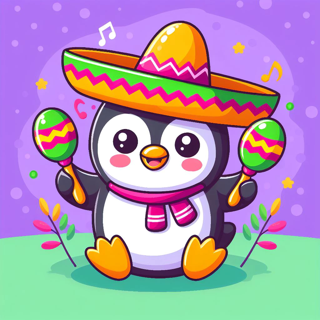 Cindo de Mayo Penguin holding marachas