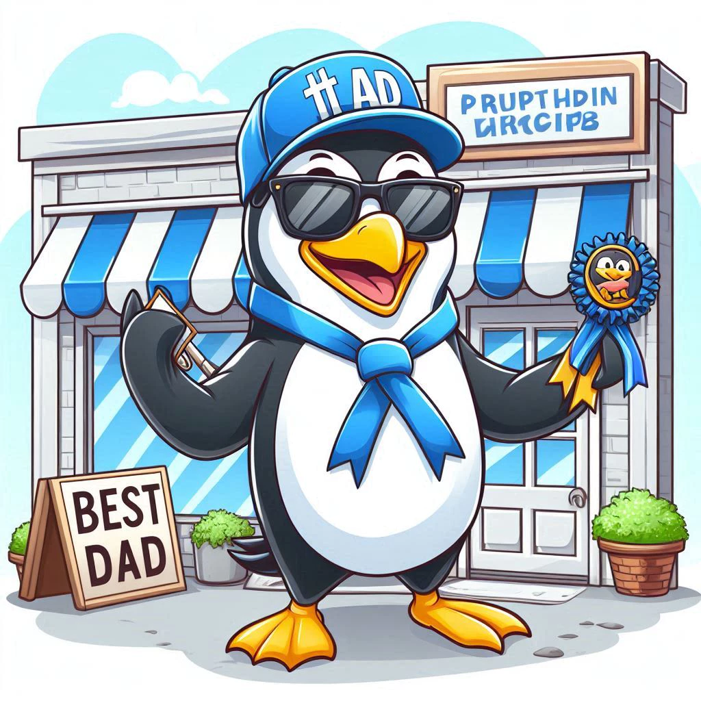 Penguin celebrating fathers day in front of a small business
