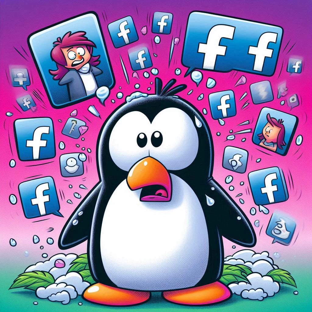 Penguin with bewildered expression and a Facebook background